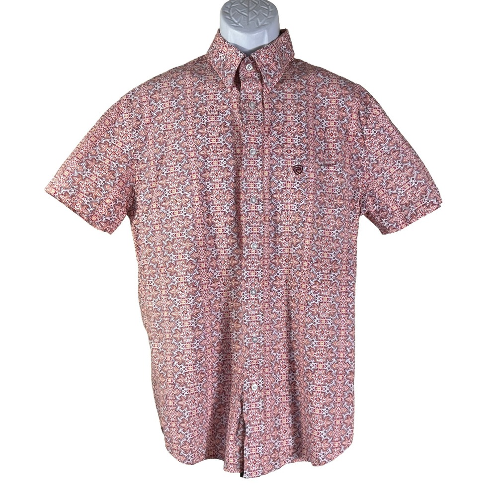 Rock & Roll Denim Button Down Shirt Mens Medium Orange Geometric Medallion Print